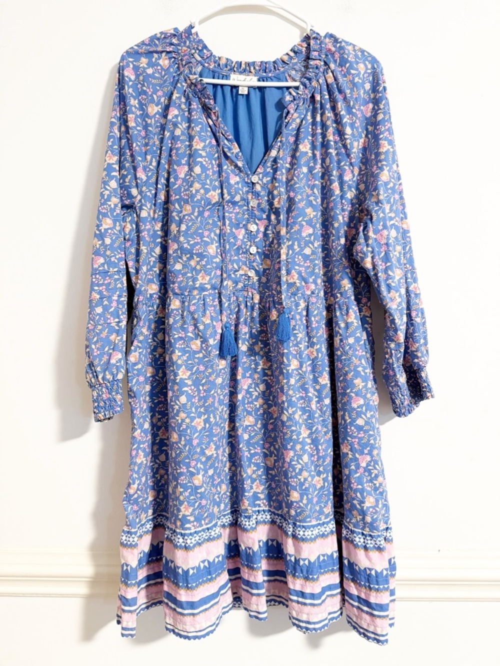 Wonderly Blue Floral Cotton Peasant Dress Smocked Cuffs XL - Picture 1 of 7